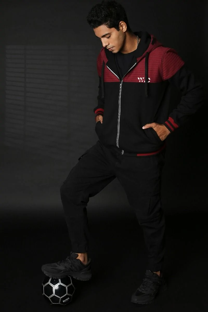 Maroon Black Colour Block Zipper Hoodie