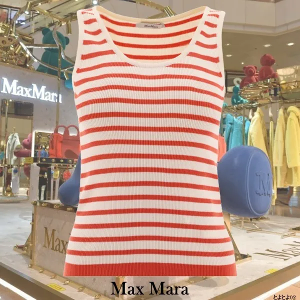 MaxMara  |Crew Neck Stripes Rib Street Style Cotton Medium Logo