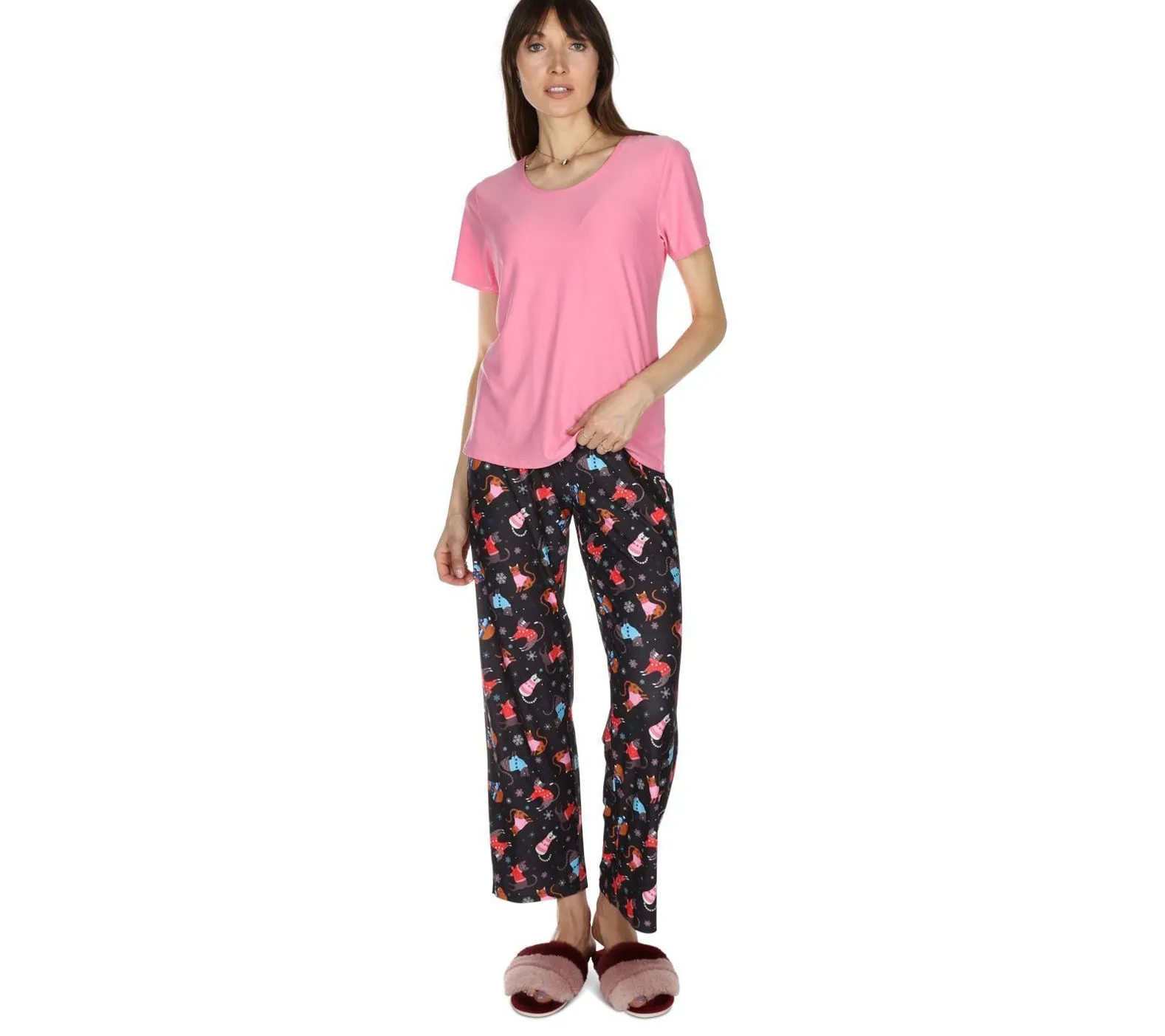 Memoi Women's Cozy Cats Tee & Printed Pant Pajama Set