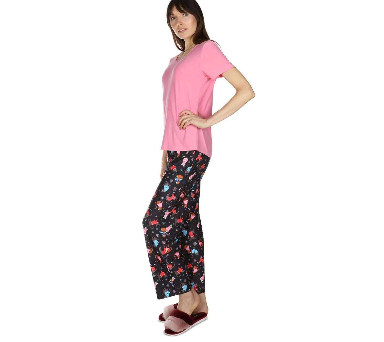 Memoi Women's Cozy Cats Tee & Printed Pant Pajama Set