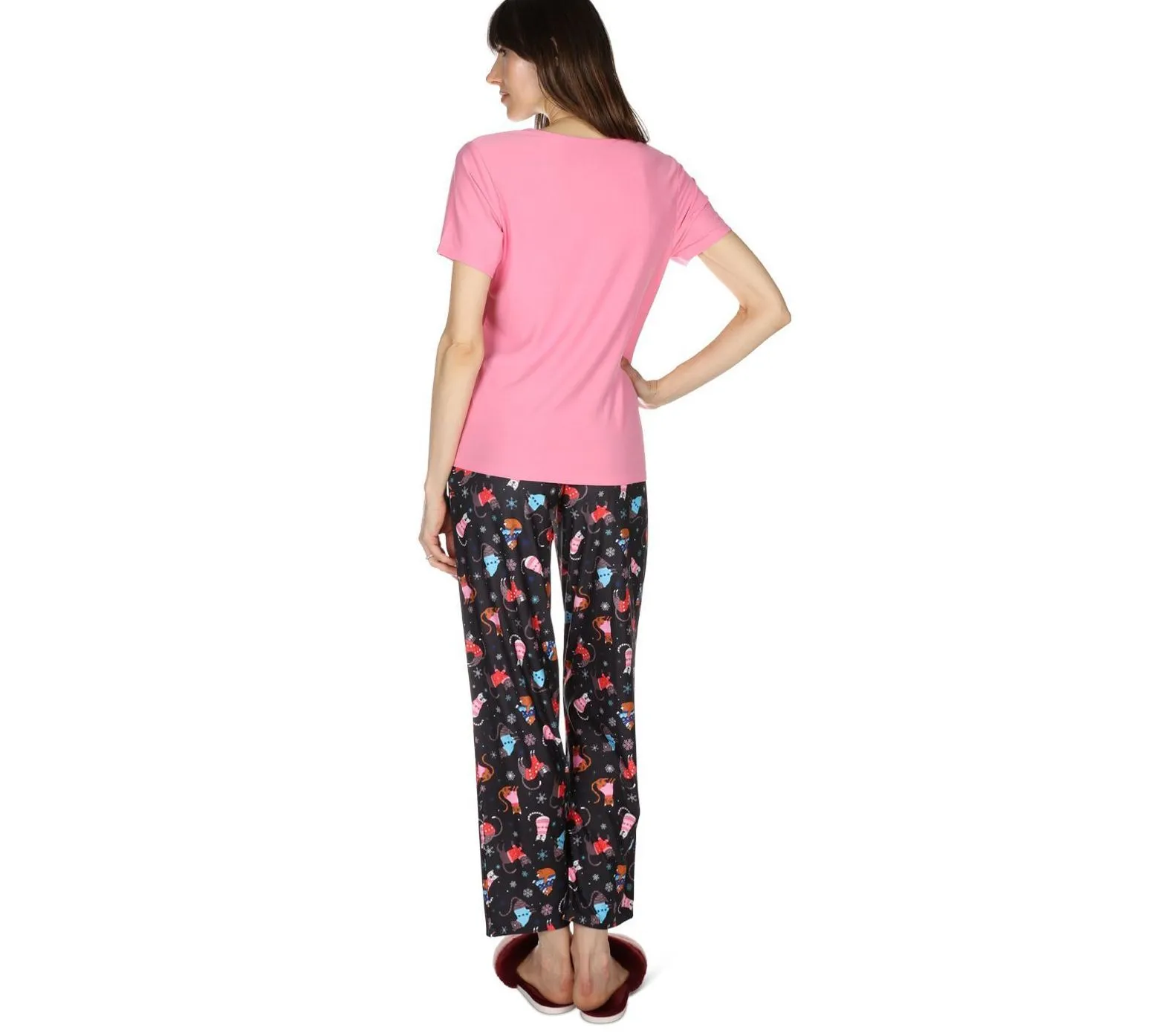 Memoi Women's Cozy Cats Tee & Printed Pant Pajama Set