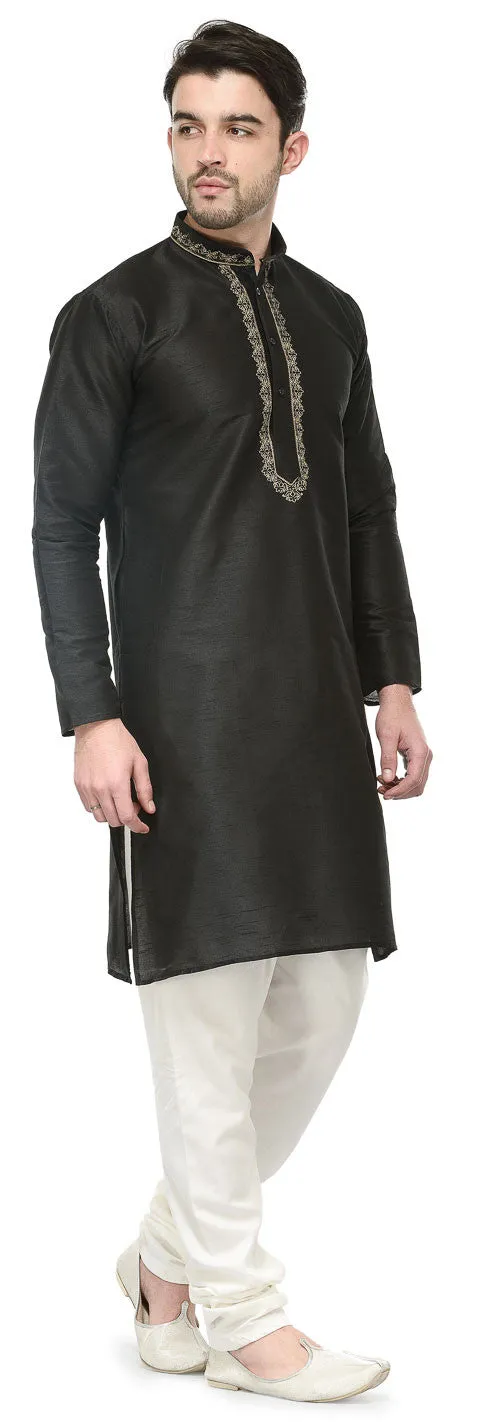 Mens Kurta Pajama Dupion Silk Indian Party Wear (Black)