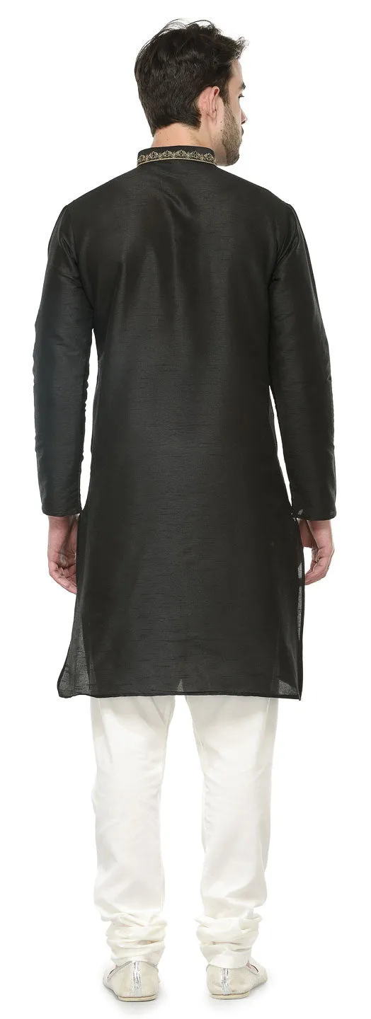 Mens Kurta Pajama Dupion Silk Indian Party Wear (Black)