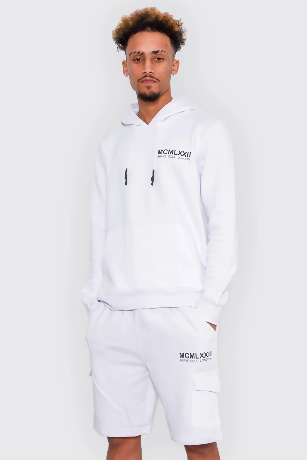 Mens White Printed Hoodie And Short Tracksuit