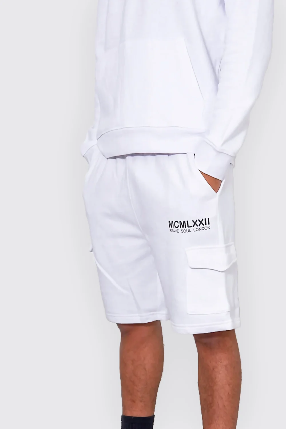 Mens White Printed Hoodie And Short Tracksuit