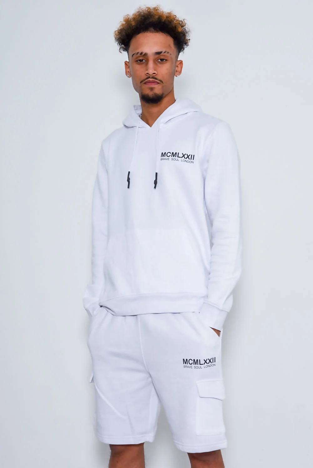 Mens White Printed Hoodie And Short Tracksuit