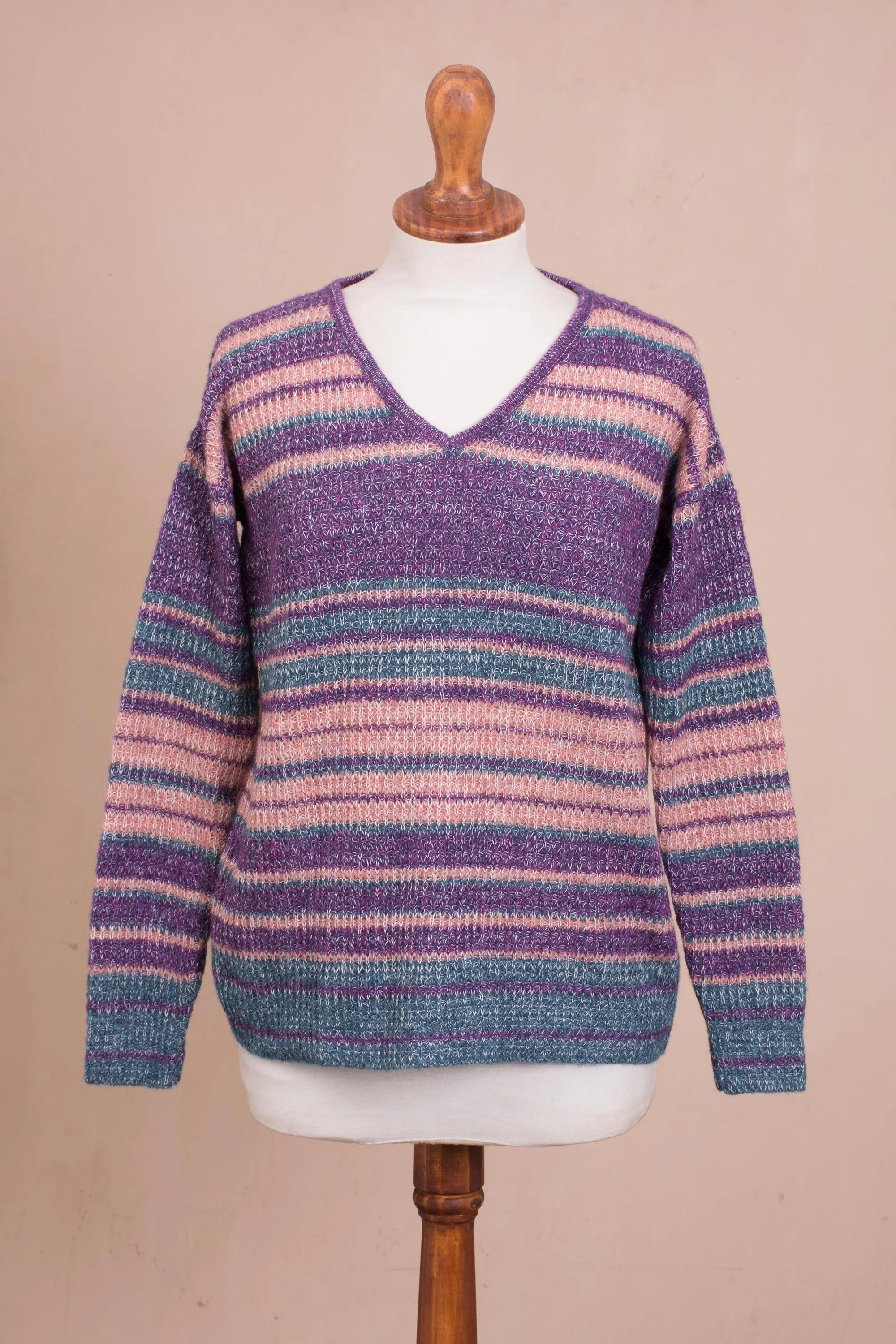 Mesa Sunrise Multi-Color Stripe Alpaca Blend Long Sleeve V-Neck Sweater