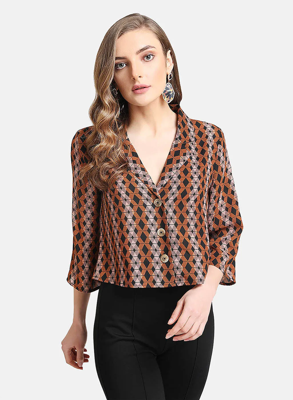 Printed Notch Collar Crop Shirt