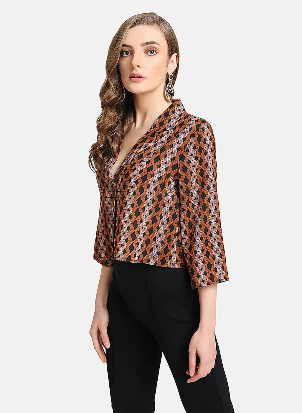 Printed Notch Collar Crop Shirt