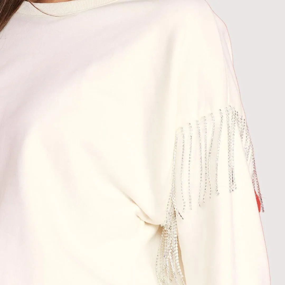 Rhinestone Sleeve Trim Sweater (Cream)