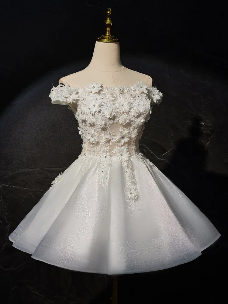 Robe de soirée en Organza Longueur Genou à Épaules Dénudées avec Appliques Florales 3D