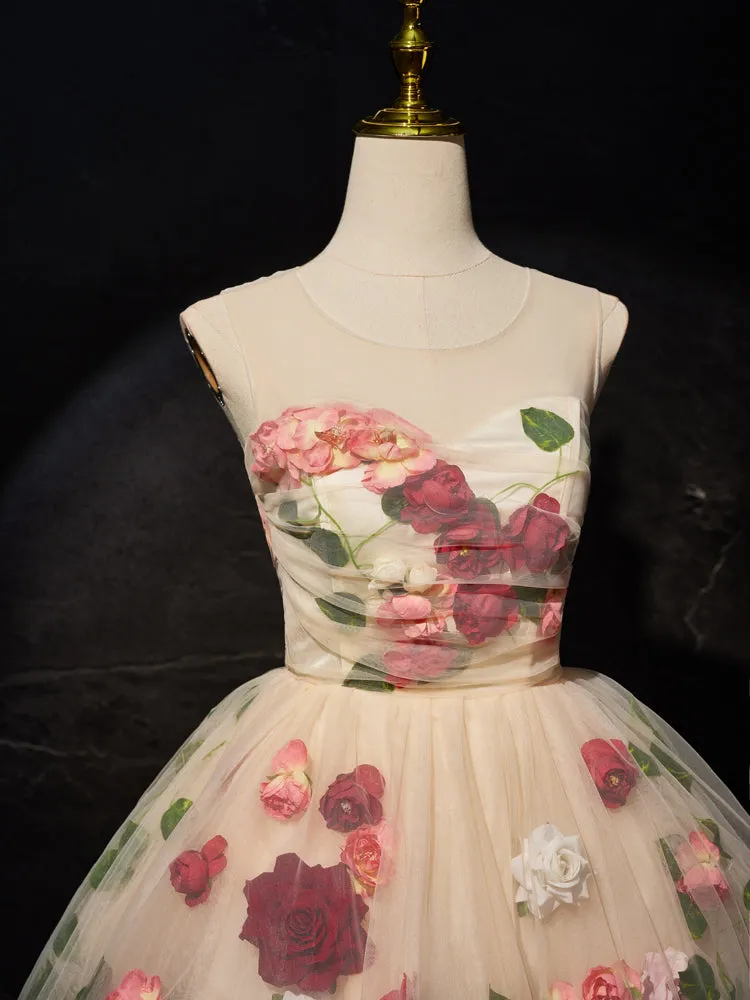 Robe de Soirée Florale en Tulle Longueur Genou sans Manche