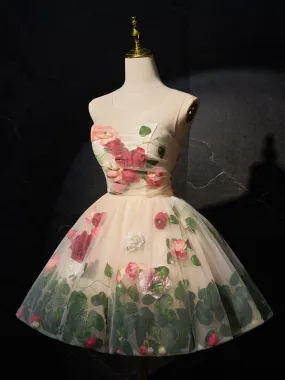 Robe de Soirée Florale en Tulle Longueur Genou sans Manche