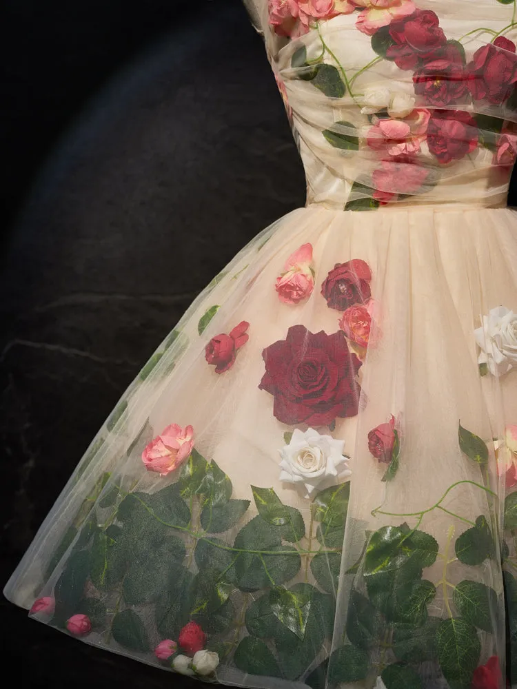 Robe de Soirée Florale en Tulle Longueur Genou sans Manche