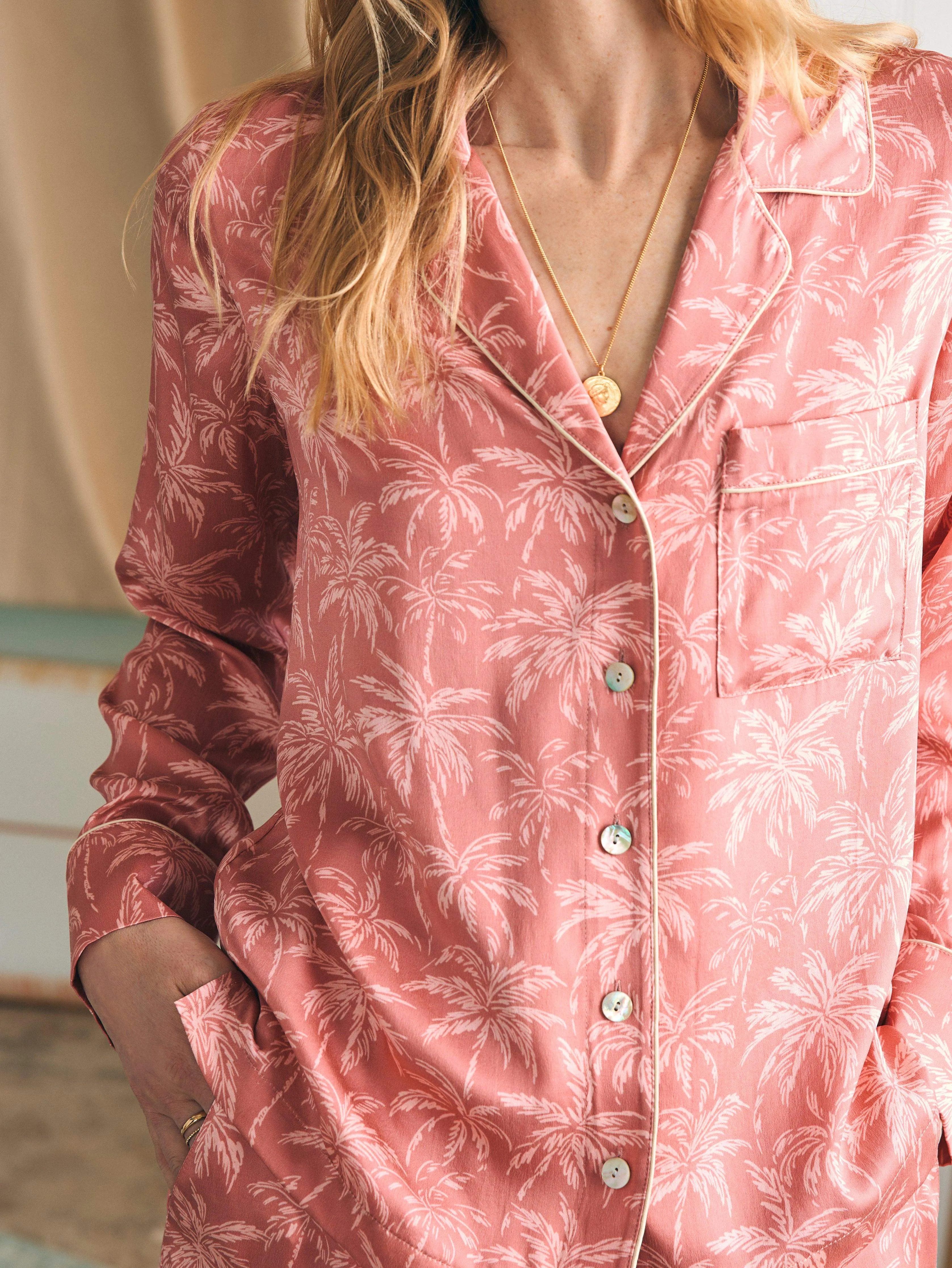 Sandwashed Silk Long Sleeve Pajama Set - Rose Tropic Trees