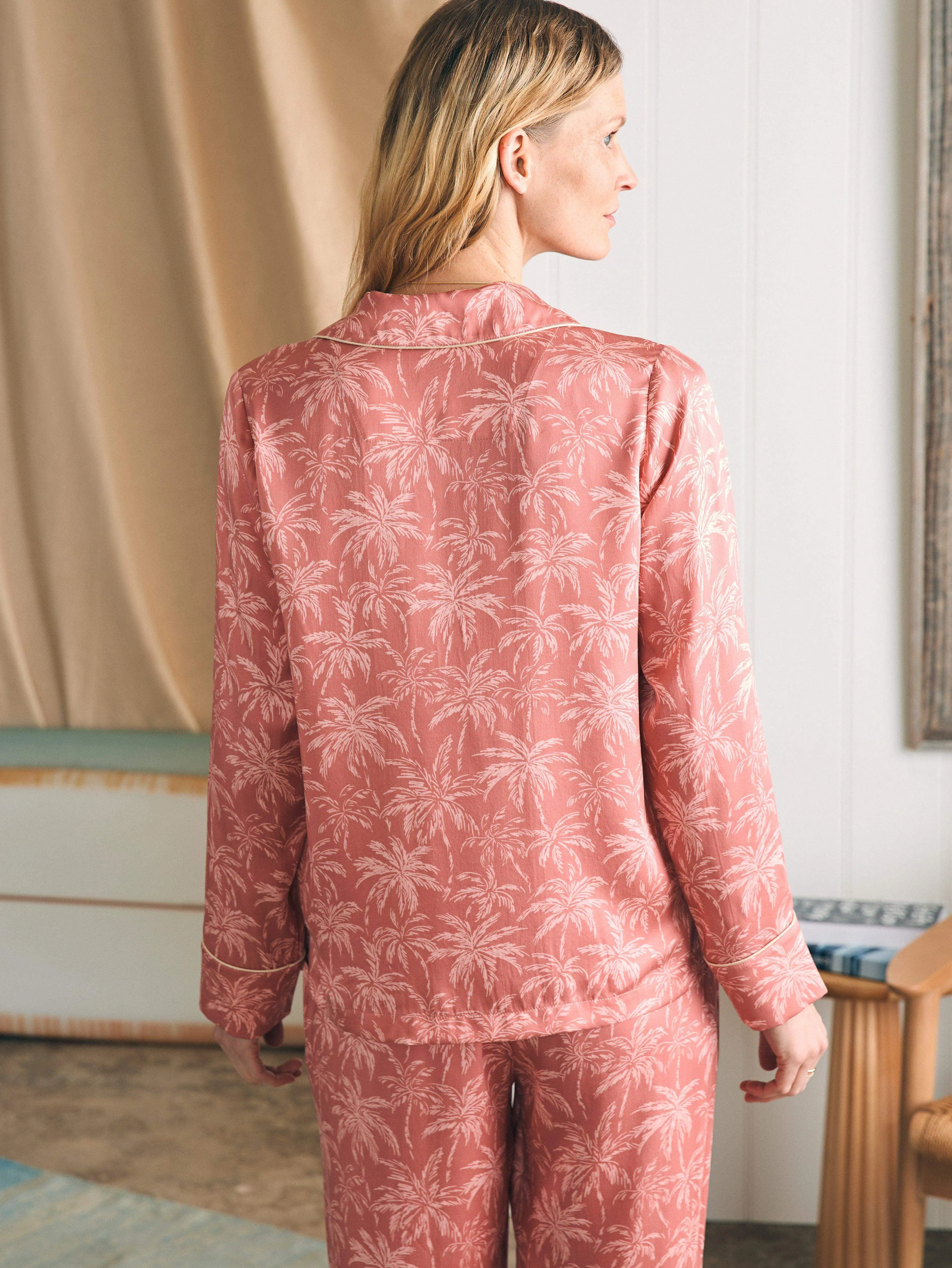 Sandwashed Silk Long Sleeve Pajama Set - Rose Tropic Trees