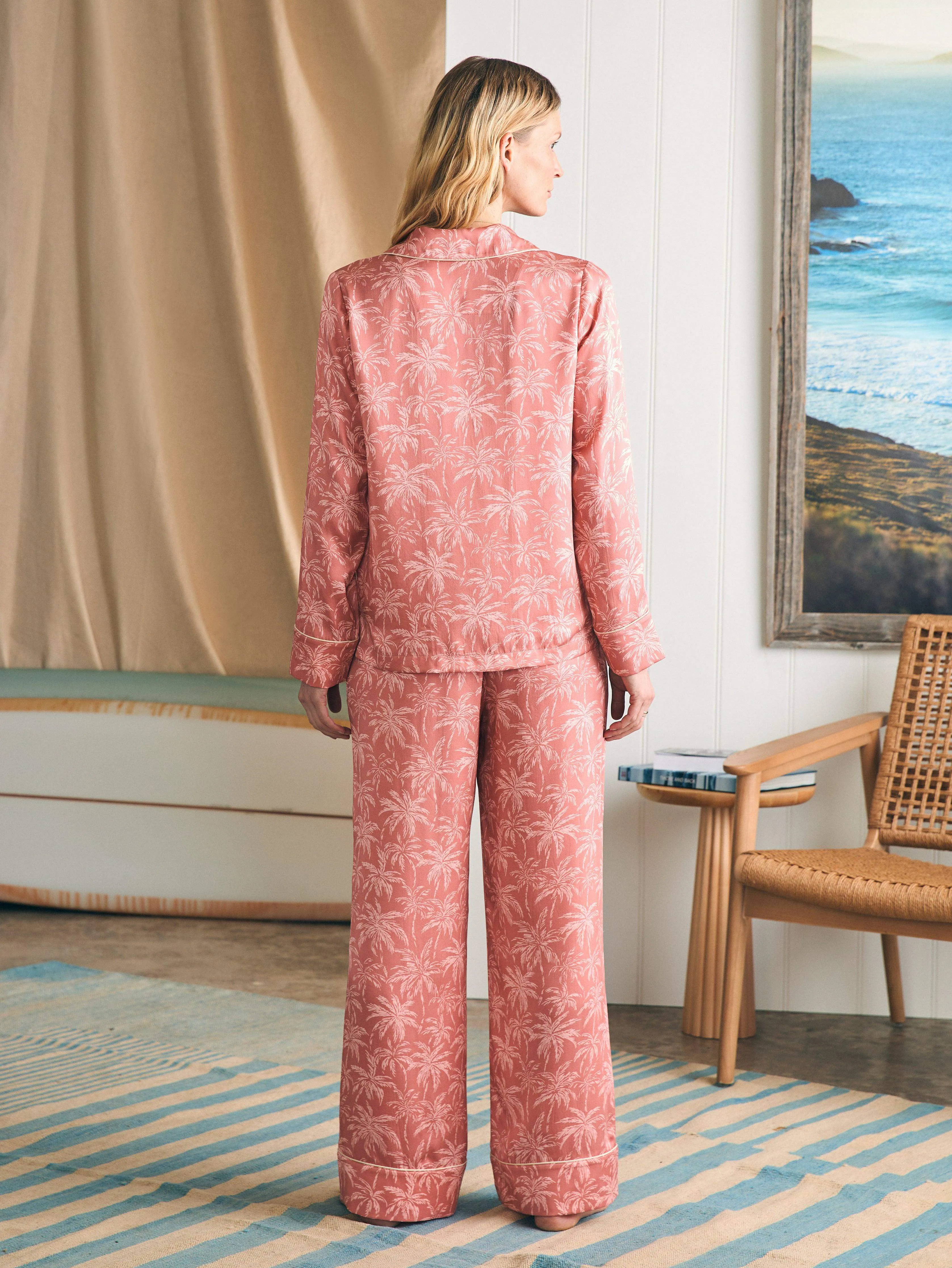 Sandwashed Silk Long Sleeve Pajama Set - Rose Tropic Trees