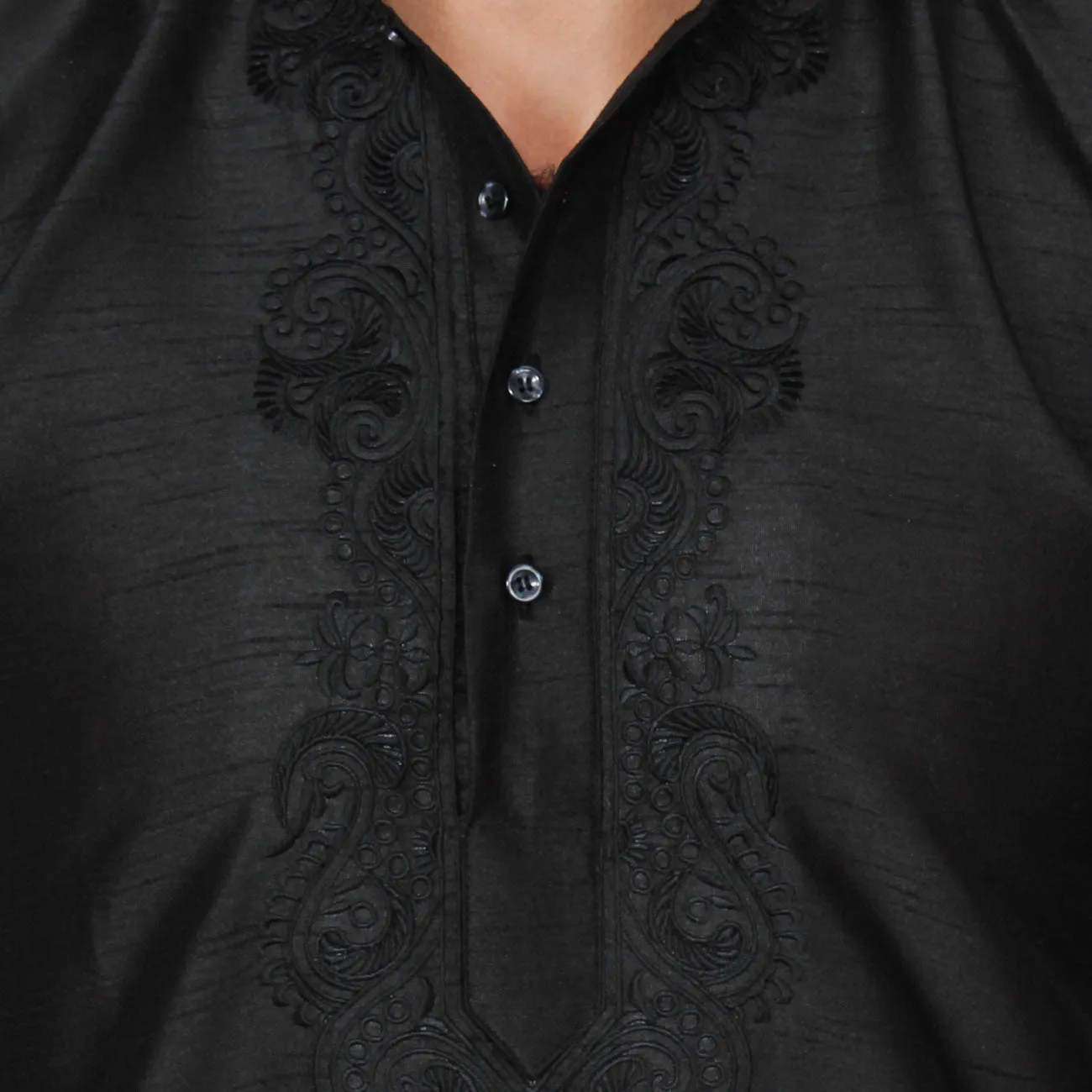 Silk Embroidered Mens Kurta Pajama India Clothing (Black)