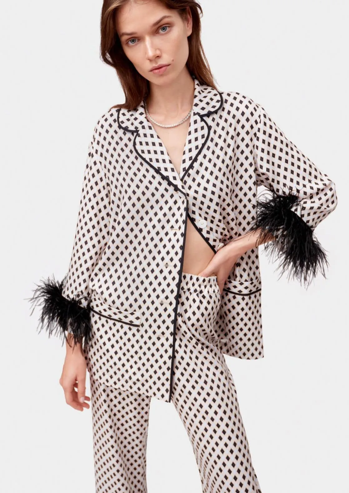 Sleeper Black checked feather-trimmed Party Pajama Set