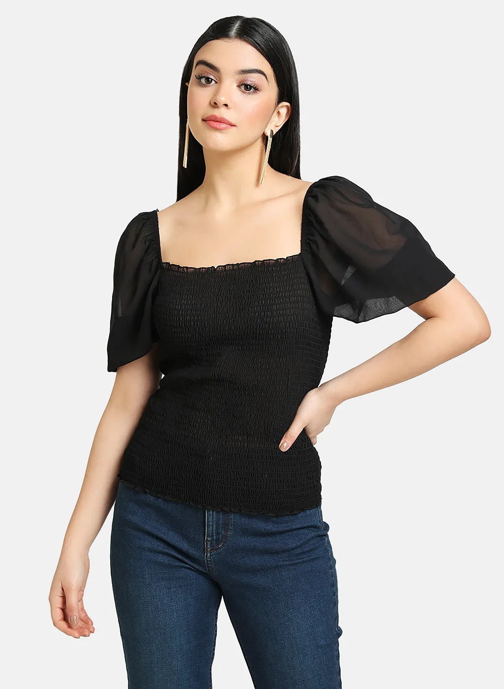 Smocked Crop Top With Puff Sleeves