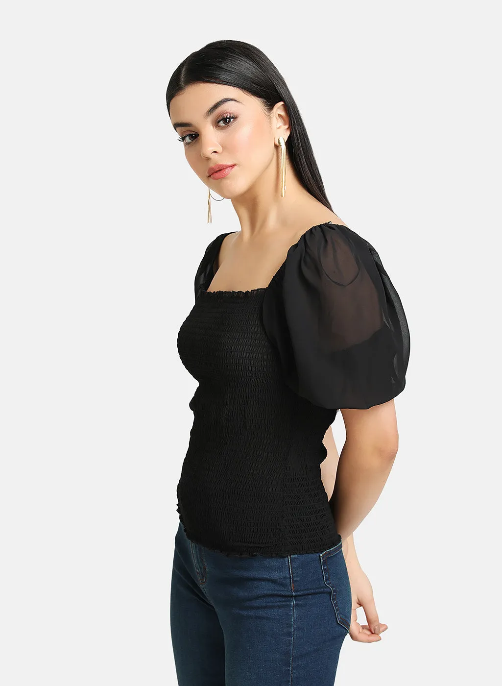 Smocked Crop Top With Puff Sleeves