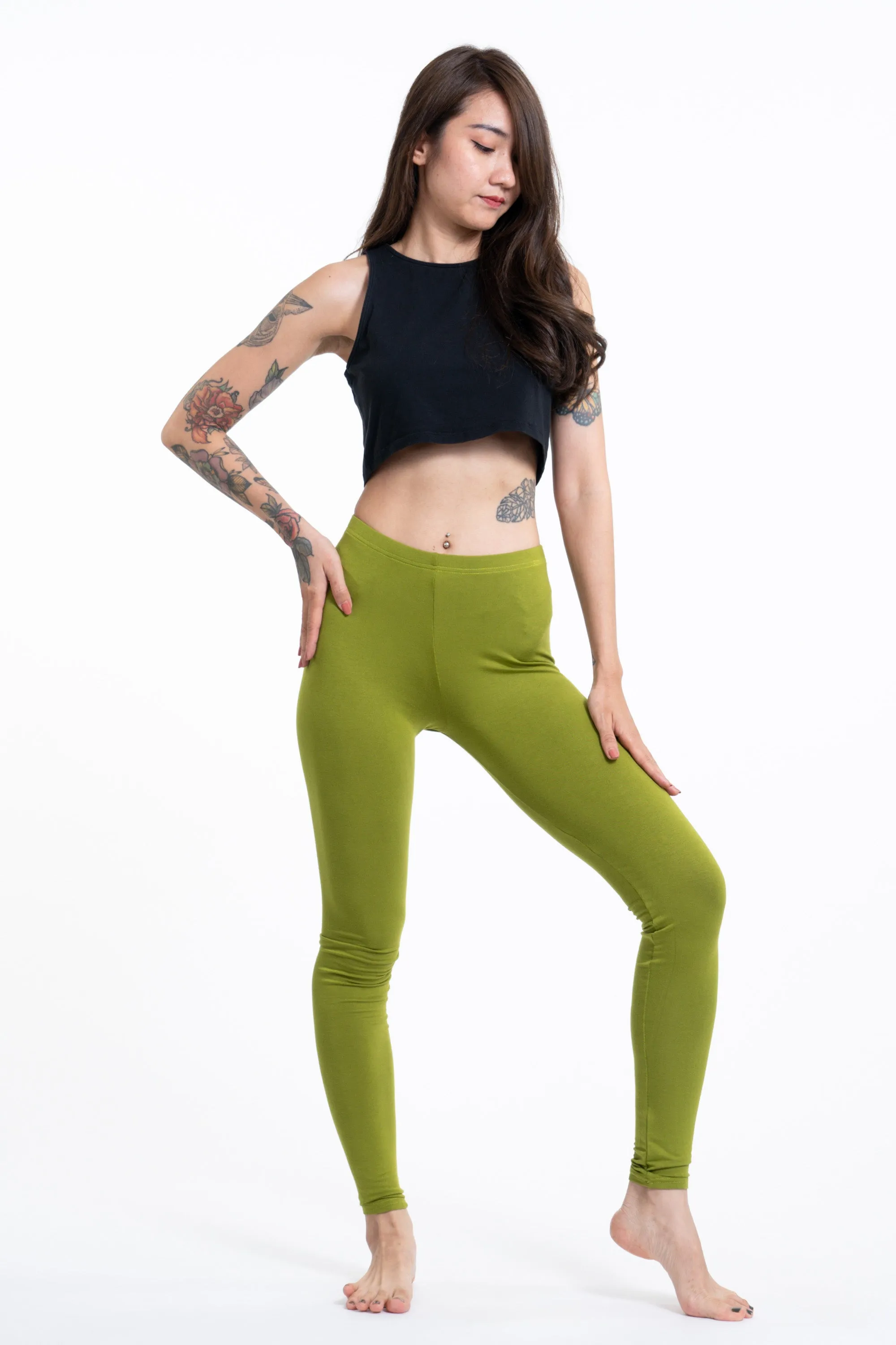 Solid Color Cotton Leggings in Green