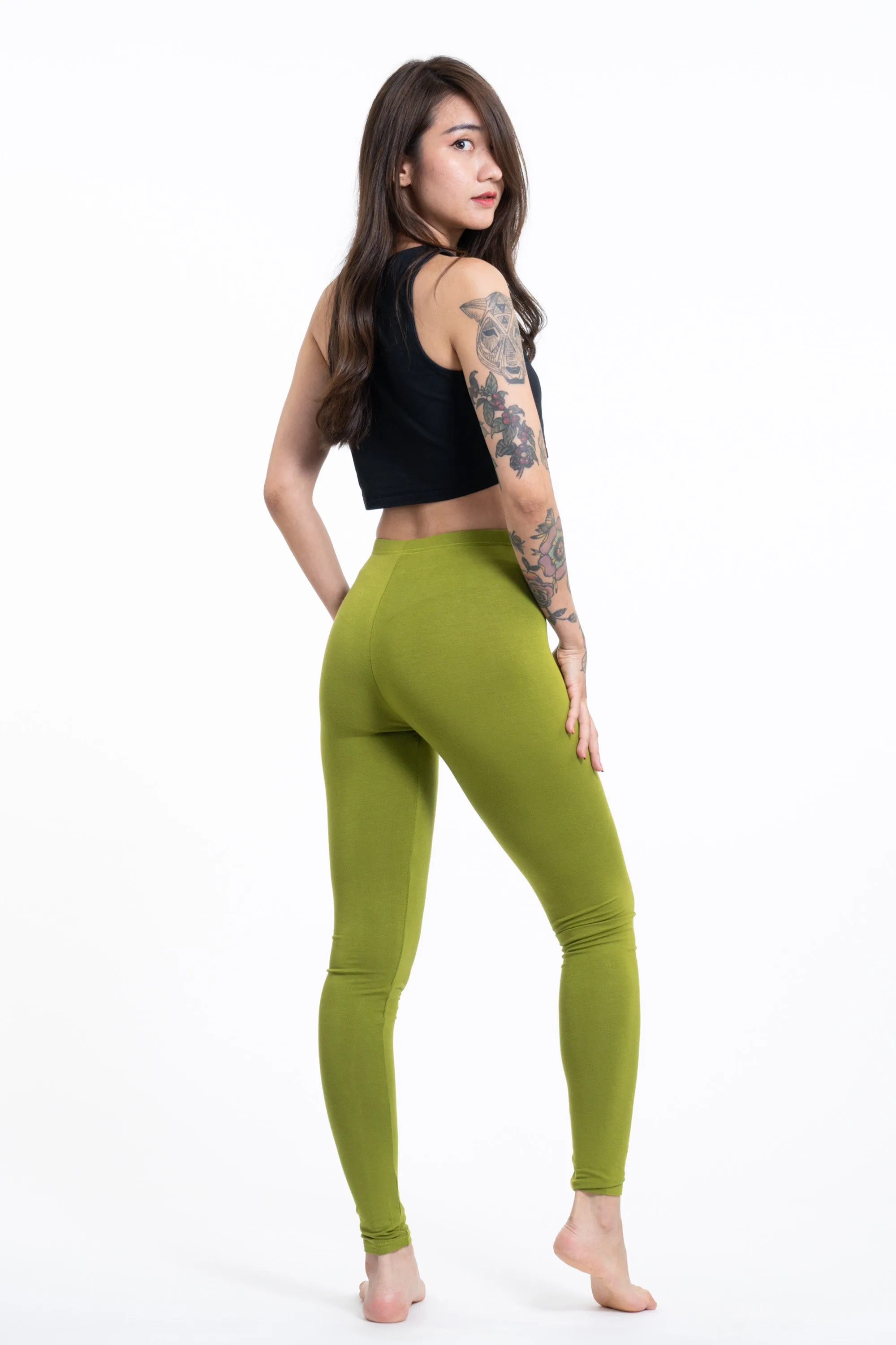 Solid Color Cotton Leggings in Green