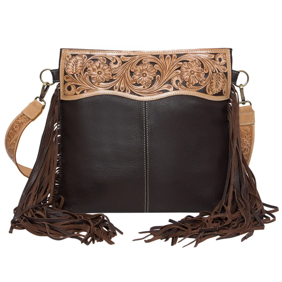 The Design Edge Ladies Tooling Hand Carved Medium Sling Bag - Dark Brown Leather  - TLB16