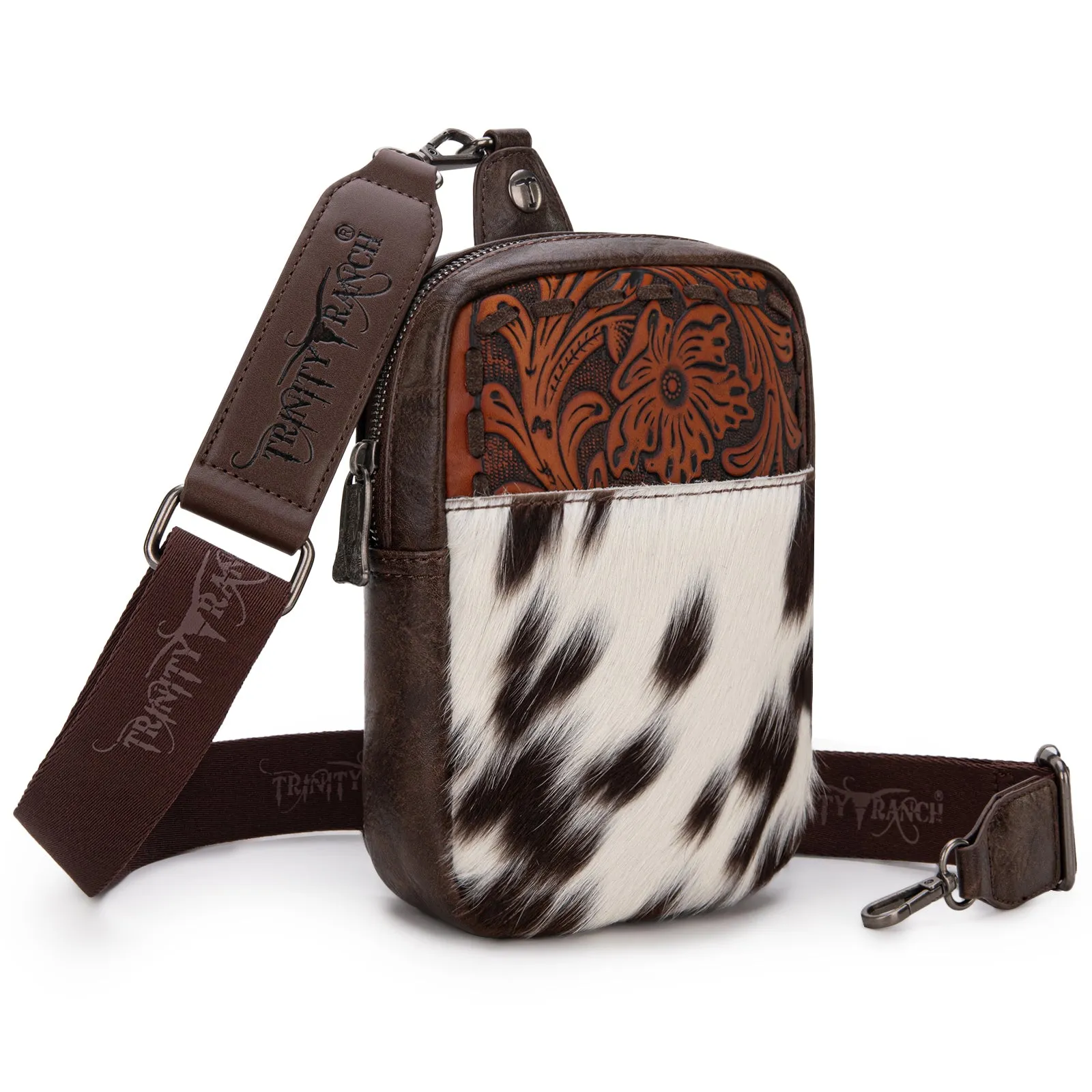 TR179-185 Trinity Ranch Genuine Hair-On Cowhide Tooled Sling Bag