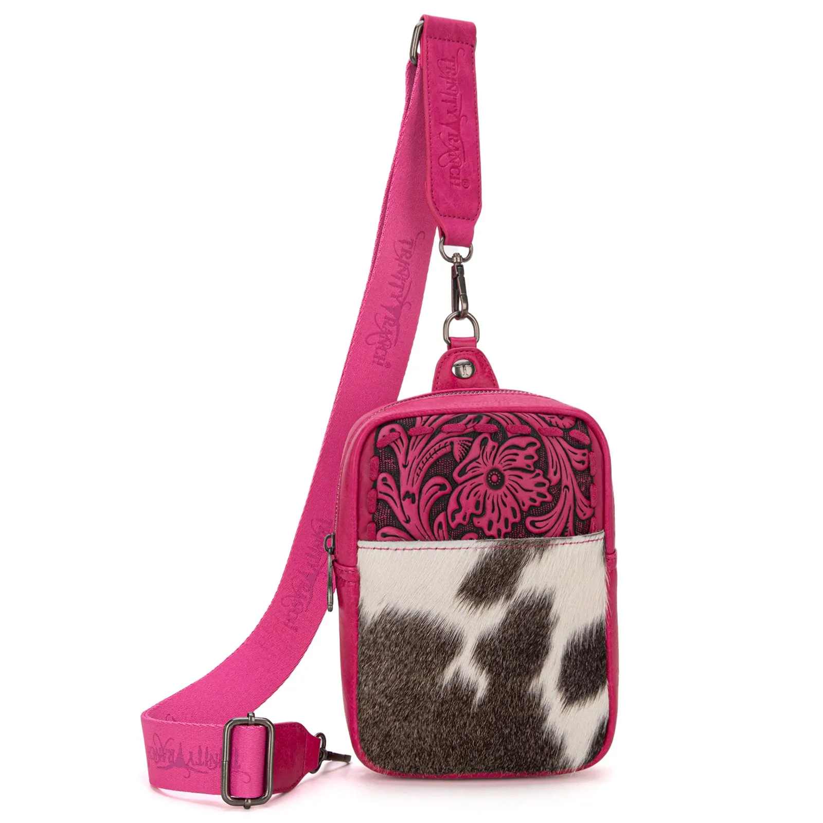 TR179-185 Trinity Ranch Genuine Hair-On Cowhide Tooled Sling Bag