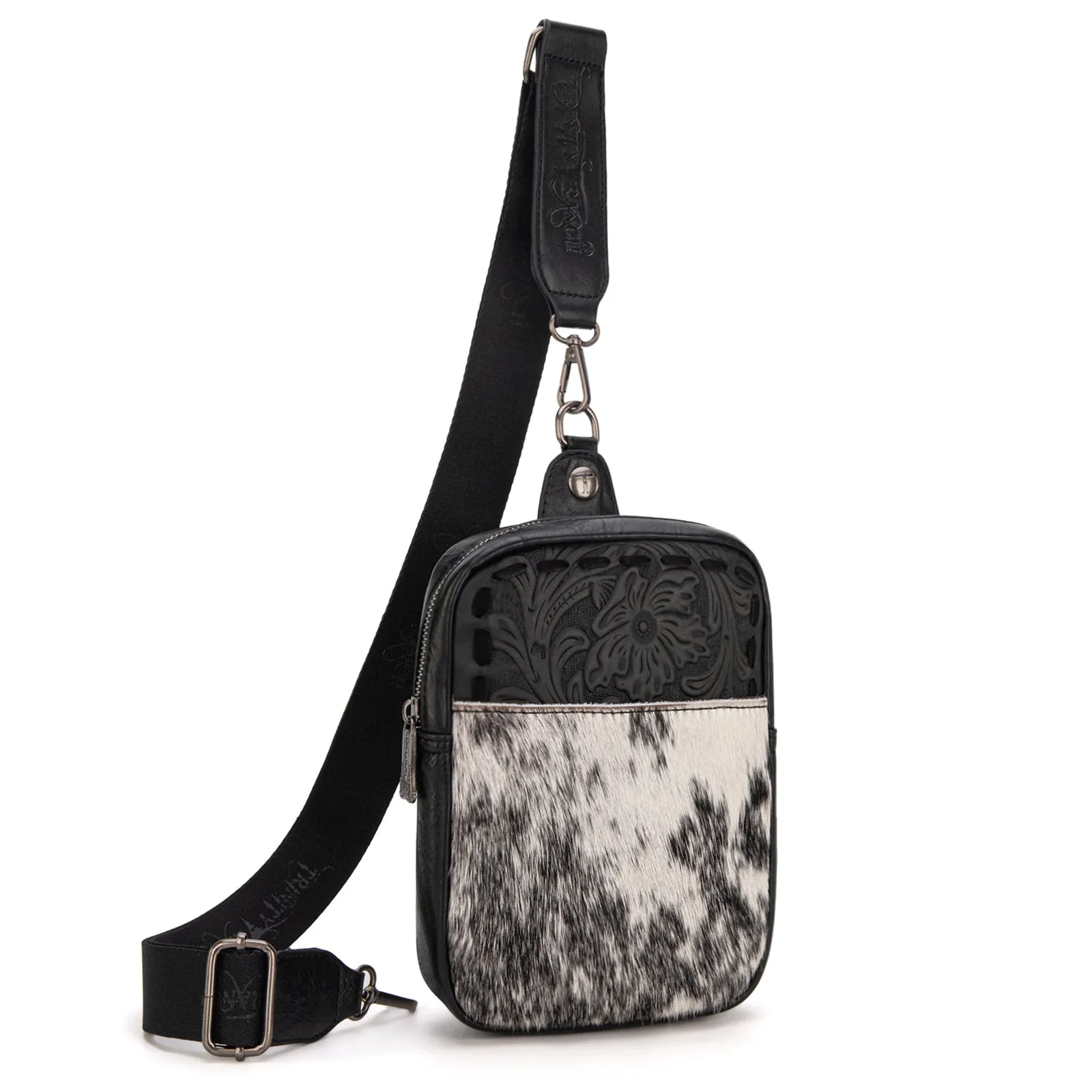 TR179-185 Trinity Ranch Genuine Hair-On Cowhide Tooled Sling Bag