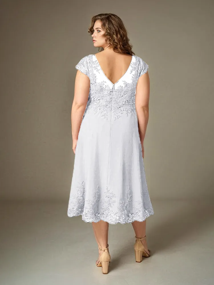 Trapèzes Col rond Mancherons Mi-longue Robe Mère de la Mariée Grande Taille Mousseline avec Appliques en Dentelle