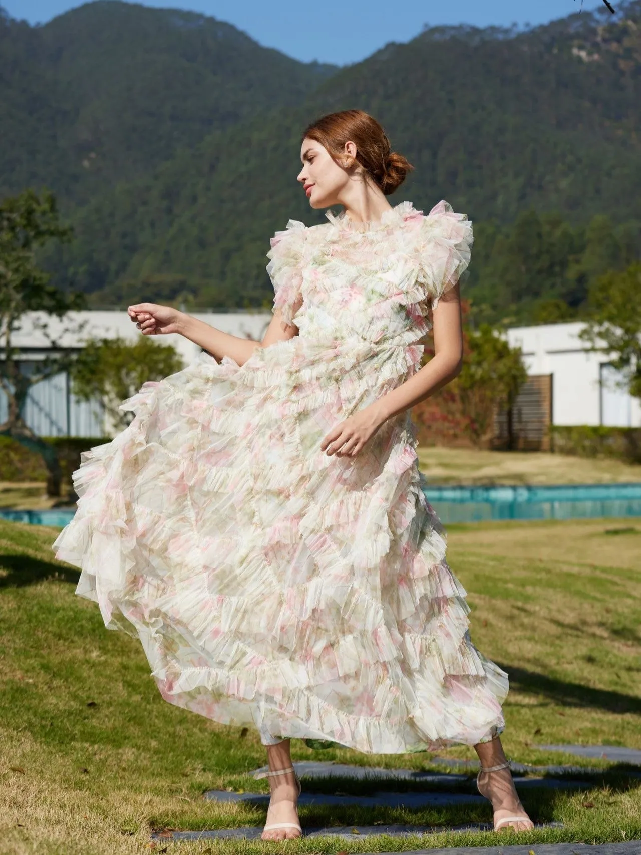 Trapèzes Longueur Ras de la Cheville Manche Bouffante Col Rond Florale Tulle Robes Invitée de Mariage en ROSE