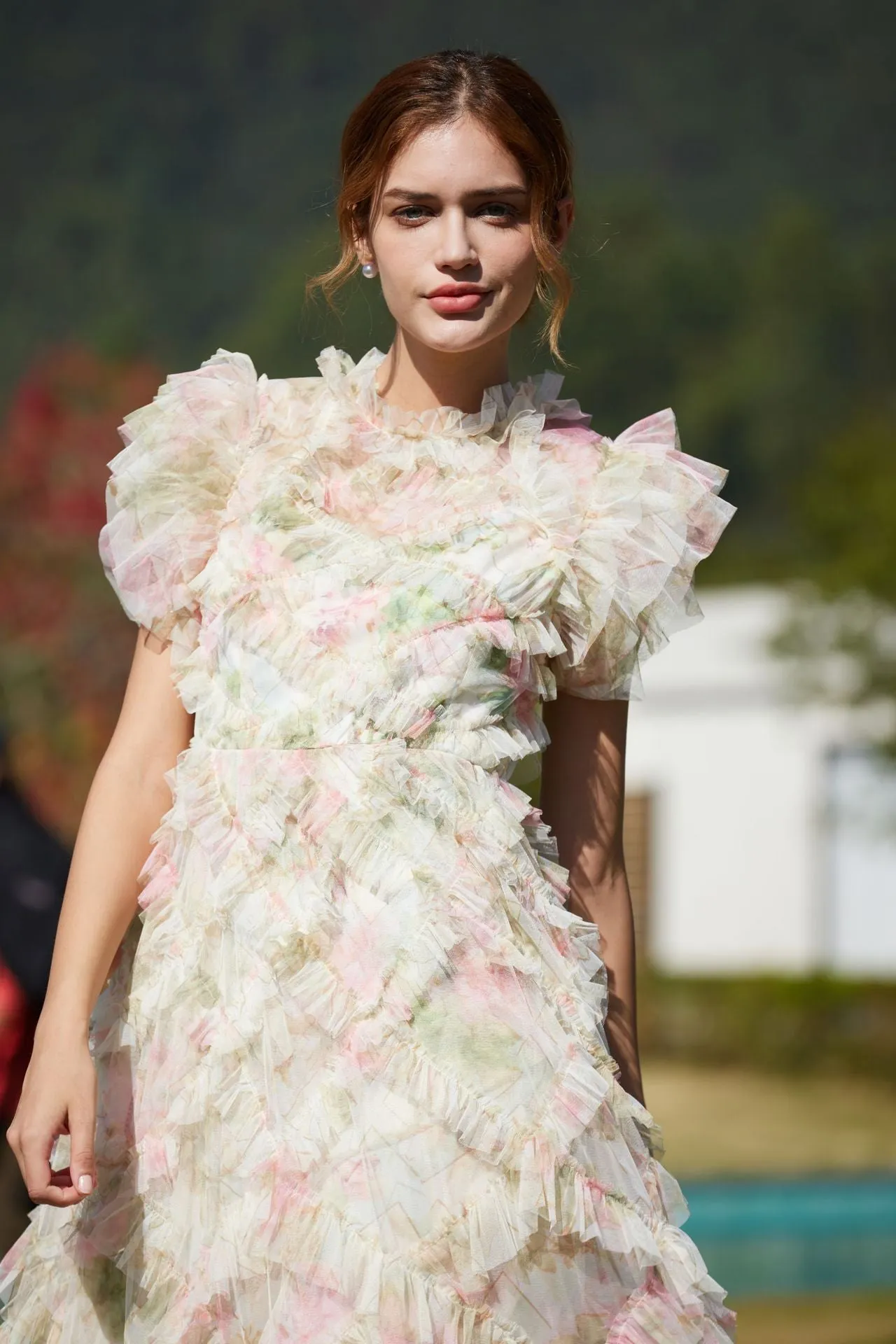 Trapèzes Longueur Ras de la Cheville Manche Bouffante Col Rond Florale Tulle Robes Invitée de Mariage en ROSE