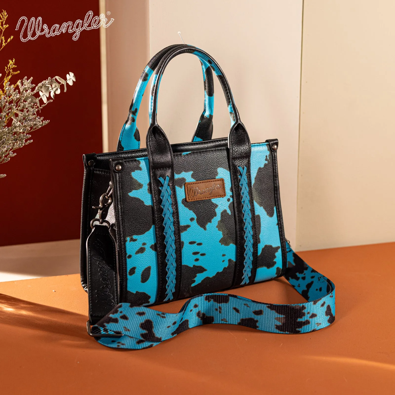 WG133-8120S  Wrangler Cow Print Concealed Carry Tote/Crossbody - Turquoise