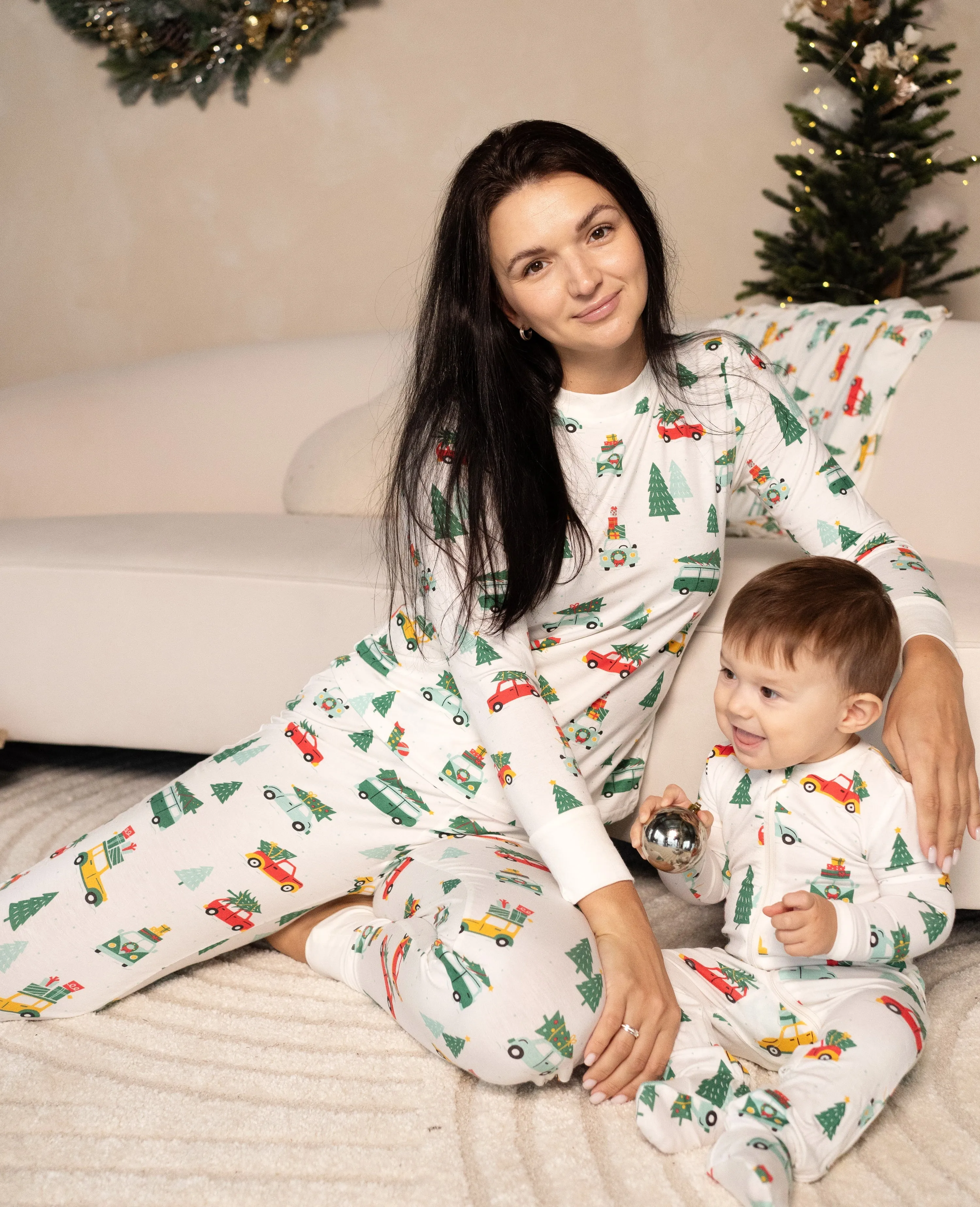 Women's Bamboo Long Sleeve Pajama Set (Jolly Christmas Cars Print)