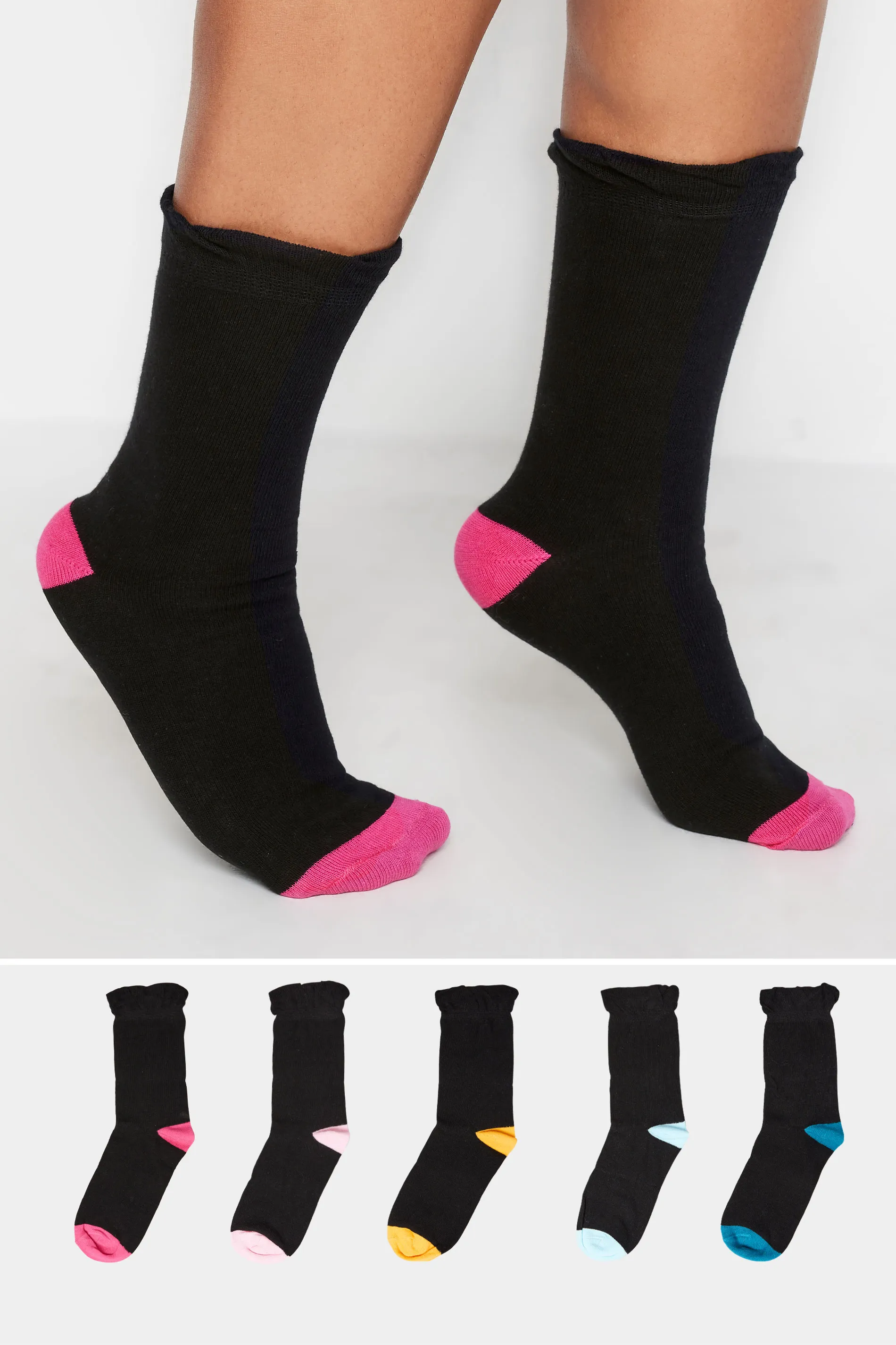 YOURS 5 PACK Black Contrasting Heel Socks